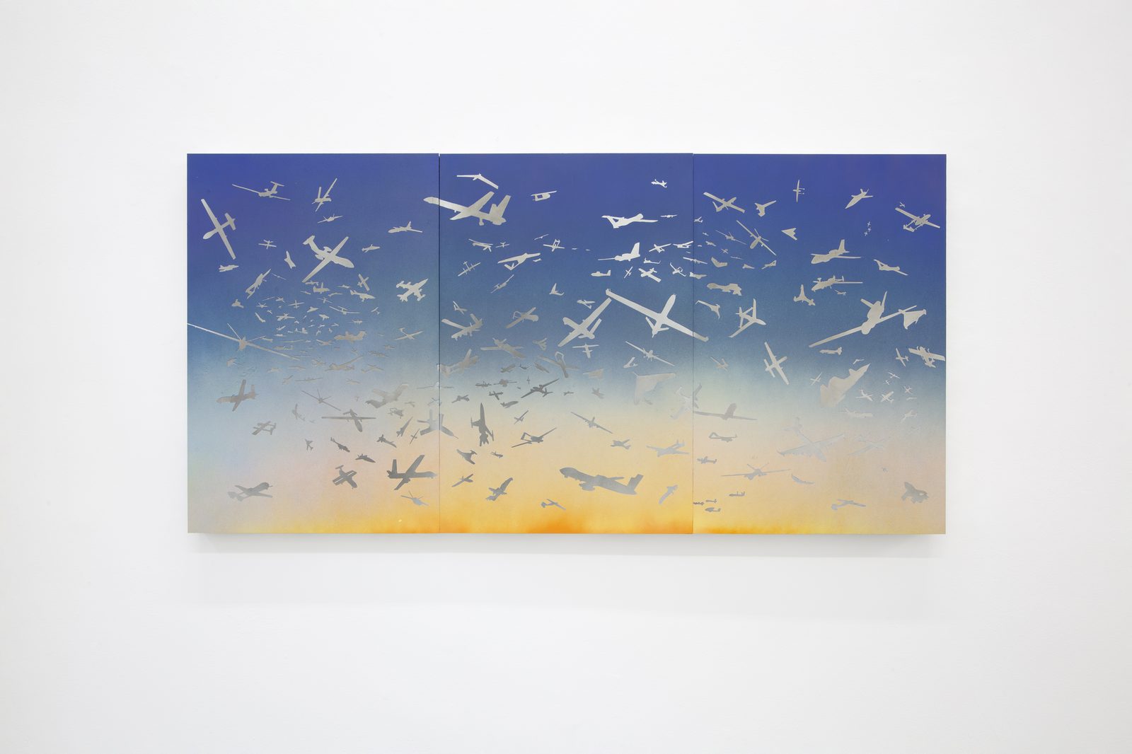 Joan Palle, An Ideal Sky, triptych painting of drone silhouettes against a gradient sky