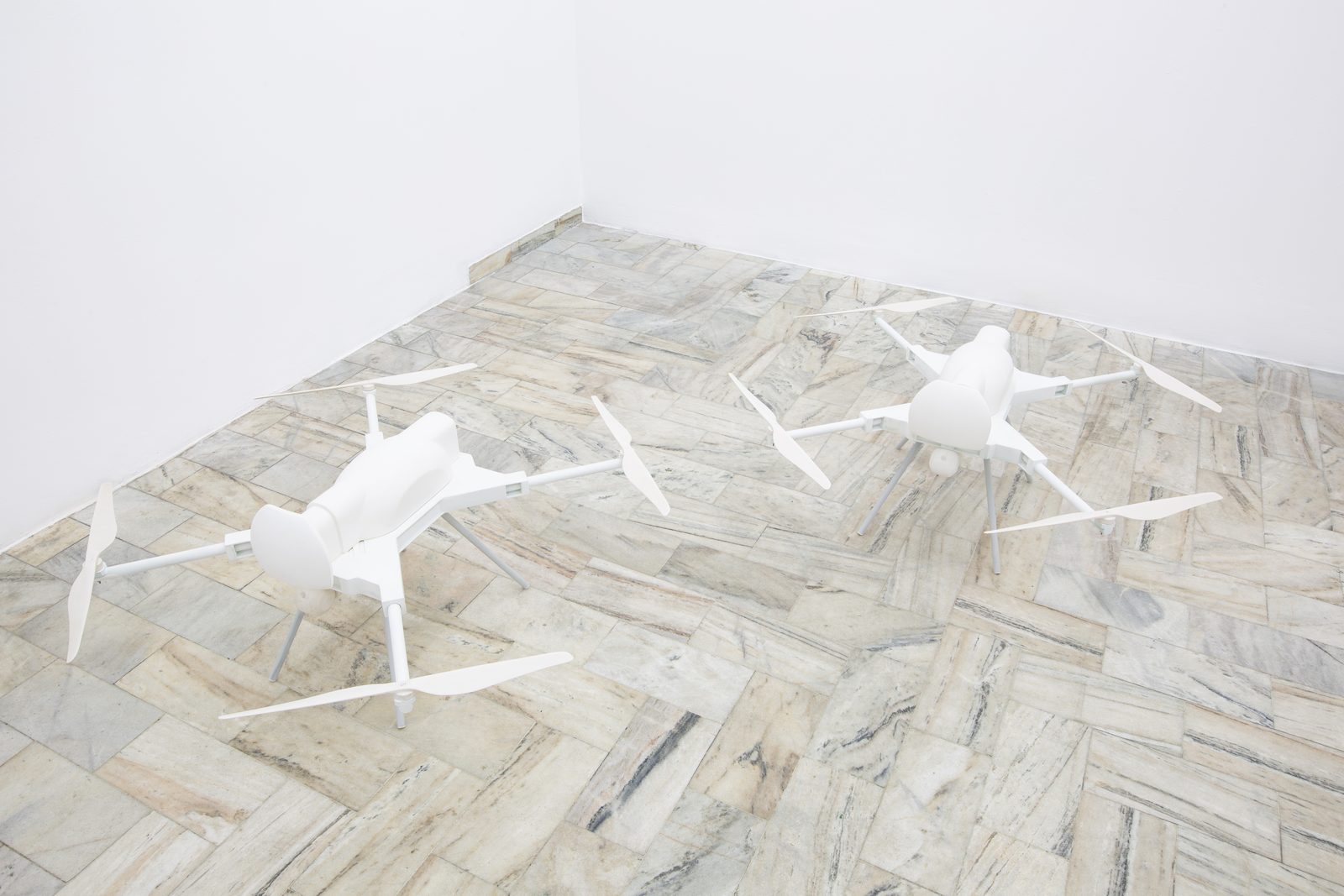 Joan Palle, SWARM, two drone replicas in carbon fibre, acrylic resin and aluminium