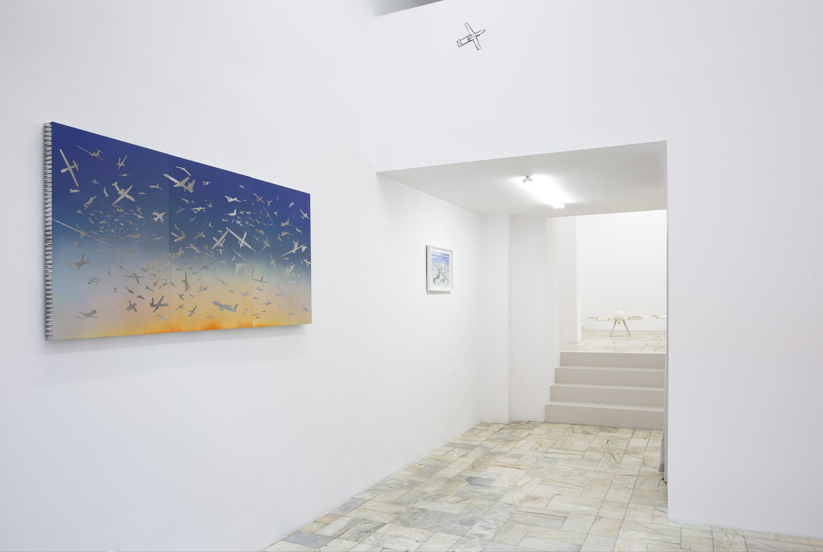 Asymmetric Futures, installation view with an An Ideal Sky diptych, a framed Exploded Views drawing and the passage to the lower room