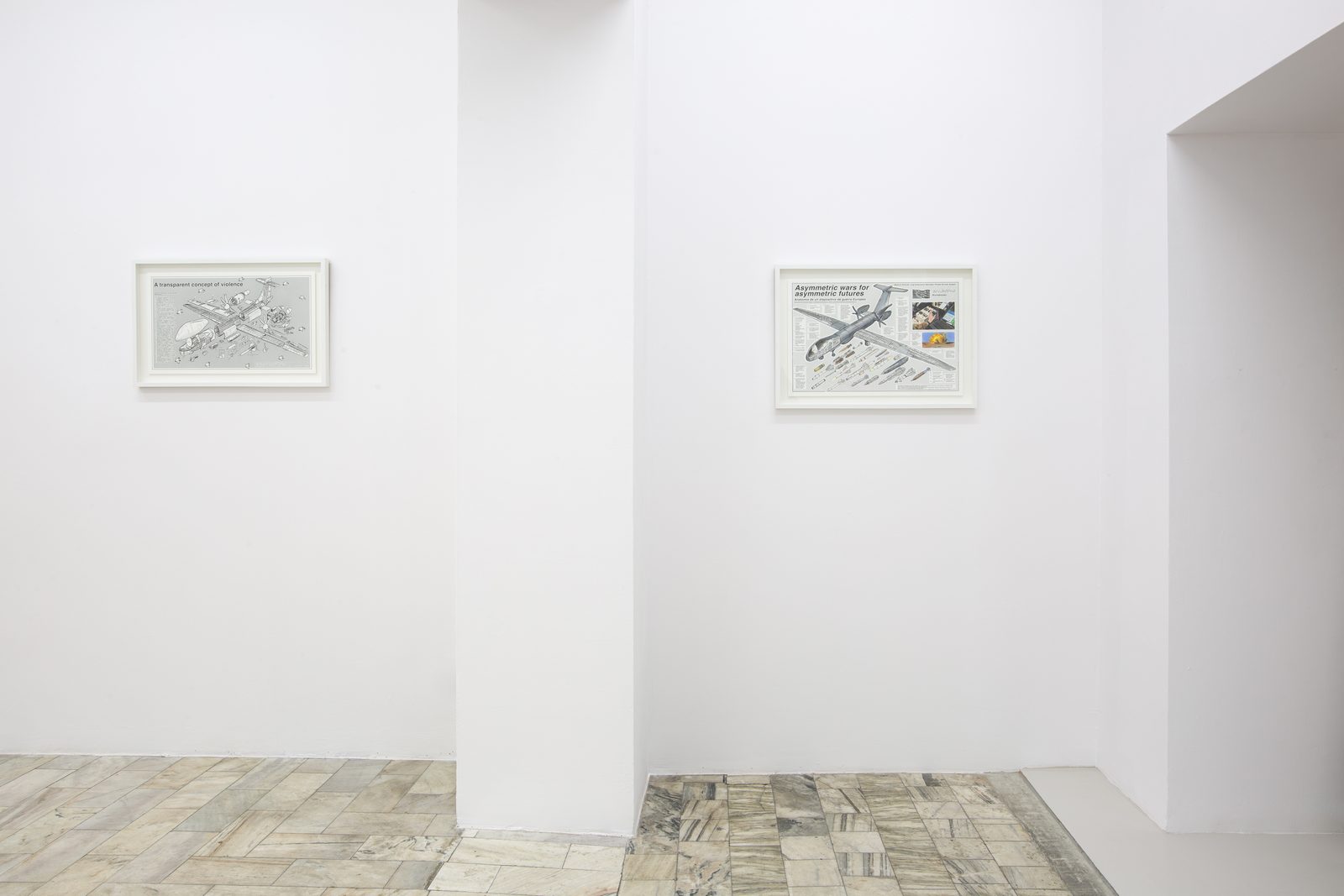 Asymmetric Futures, installation view with two framed drawings from the Exploded Views series