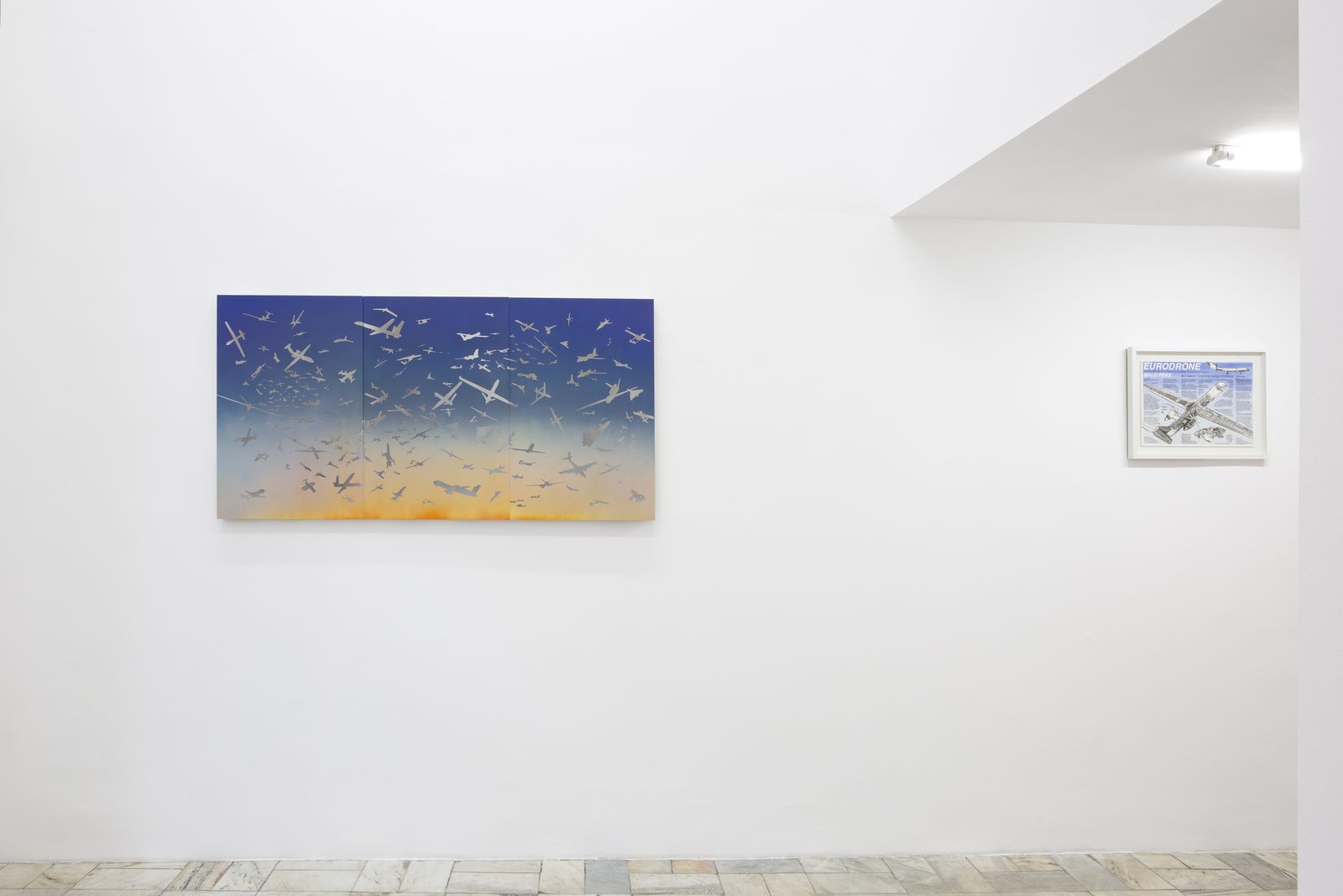 Asymmetric Futures, installation view with an An Ideal Sky diptych and the framed Eurodrone drawing