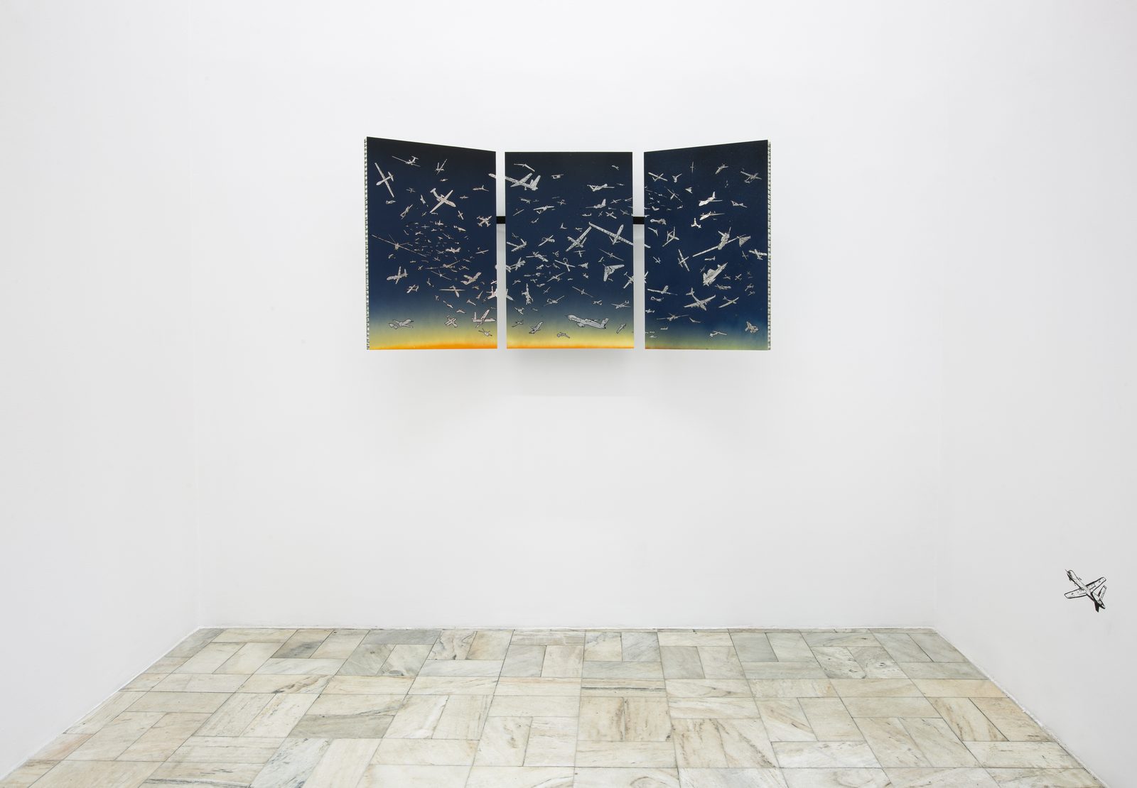 Joan Palle, An Ideal Sky, triptych on folded panels, installation view with a drone drawing on the wall